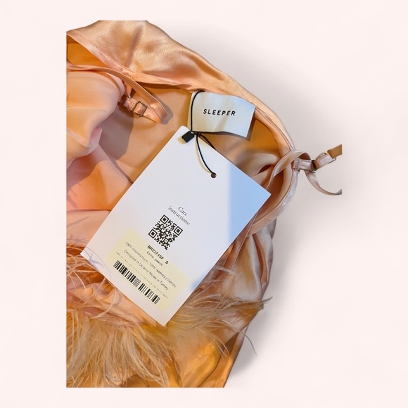 Sleeper Sultry Retro Dreamy Peach Feather Trim Glam Satin Slip Dress NWT Size S - Picture 10 of 12